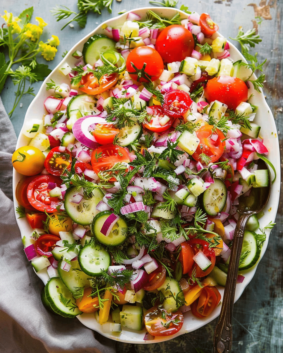 Mediterranean Salad with Cucumber, Tomato, and Onion