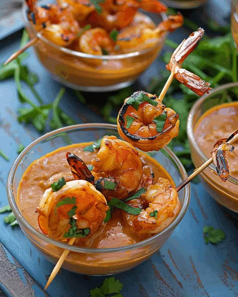Shrimp Satay Skewer Shooters with Thai Spicy Peanut Sauce