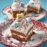 Spice Cake Bars with Peeps in Snow Frosting
