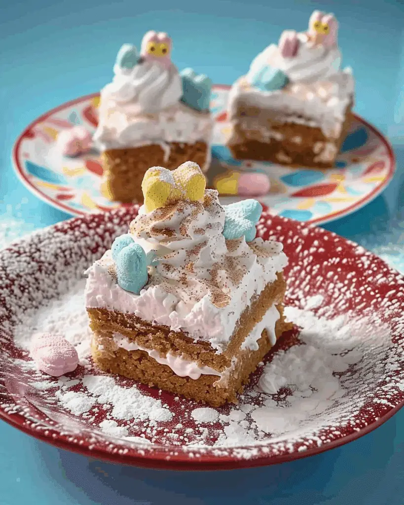 Spice Cake Bars with Peeps in Snow Frosting
