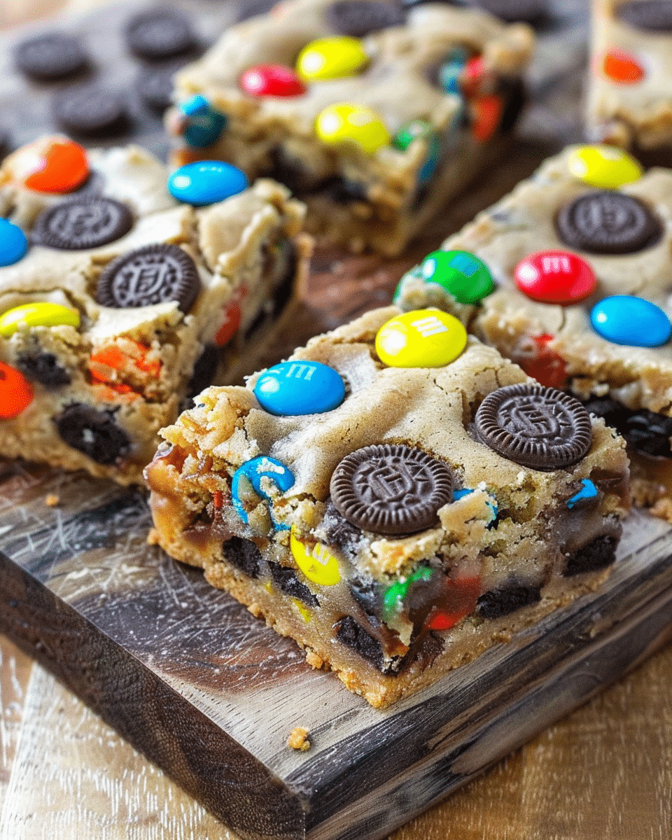 M&M Cookie Bars with Oreos and PB Cups
