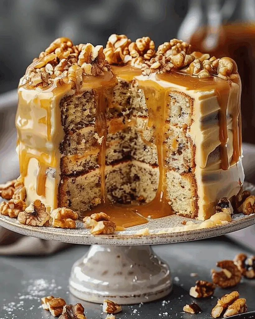 Luscious Walnut Banana Caramel Cake