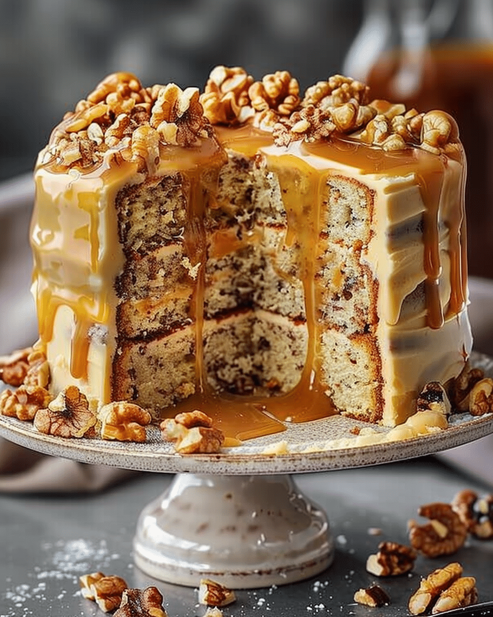 Luscious Walnut Banana Caramel Cake
