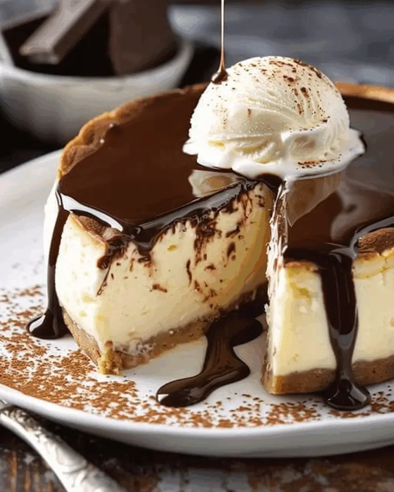 Classic Baked Cheesecake with Chocolate Sauce & Ice Cream