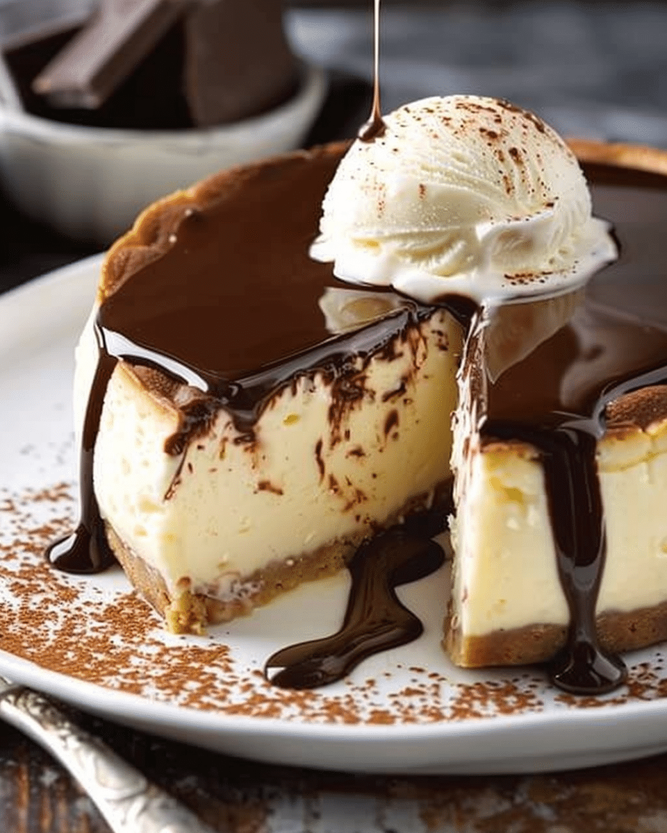 Classic Baked Cheesecake with Chocolate Sauce & Ice Cream