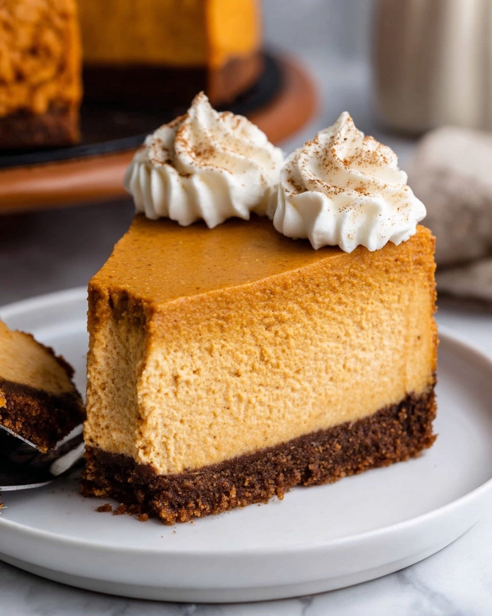 A thick slice of pumpkin cheesecake is shown on a white plate with a white marbled background. The cheesecake has two clear layers: a dense, smooth, orange pumpkin layer on top, and a dark brown, crumbly crust at the bottom. The top layer is creamy and dense with a slightly rough texture on the sides. On top, there are three swirls of white whipped cream piped neatly along the edge, each sprinkled lightly with brown spices. A piece of the cheesecake is broken off on the plate with a silver fork holding the piece close by. Photo taken with an iphone --ar 4:5 --v 7