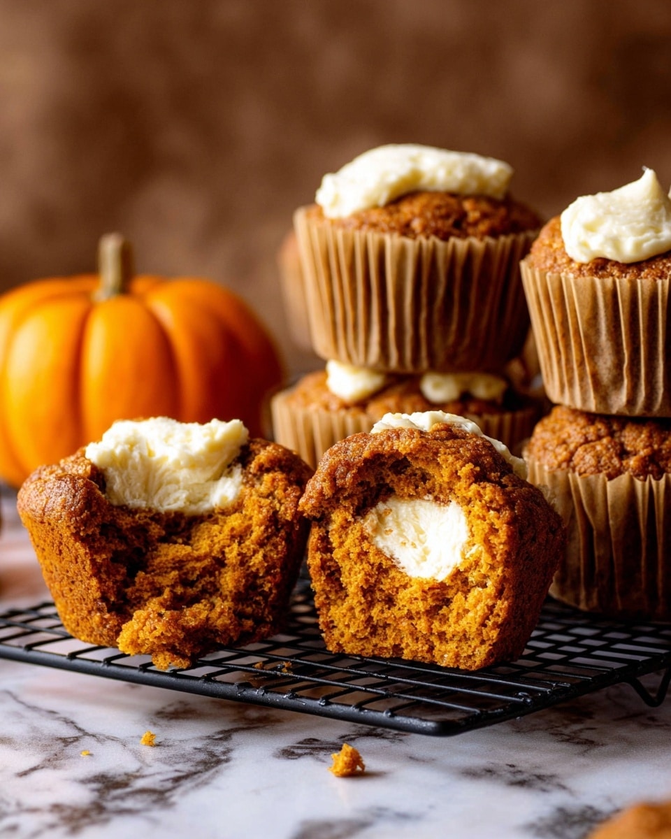 The image shows several pumpkin muffins arranged on a black cooling rack over a white marbled surface, each muffin wrapped in a light brown paper liner. Most muffins have a dollop of creamy white filling on top, and one muffin is broken in half and placed on top of another, revealing a soft orange-brown crumb and a thick white cream center inside. A small pumpkin decoration is placed to the left side of the muffins. The background is blurry and muted brown, making the muffins stand out clearly. Photo taken with an iphone --ar 4:5 --v 7
