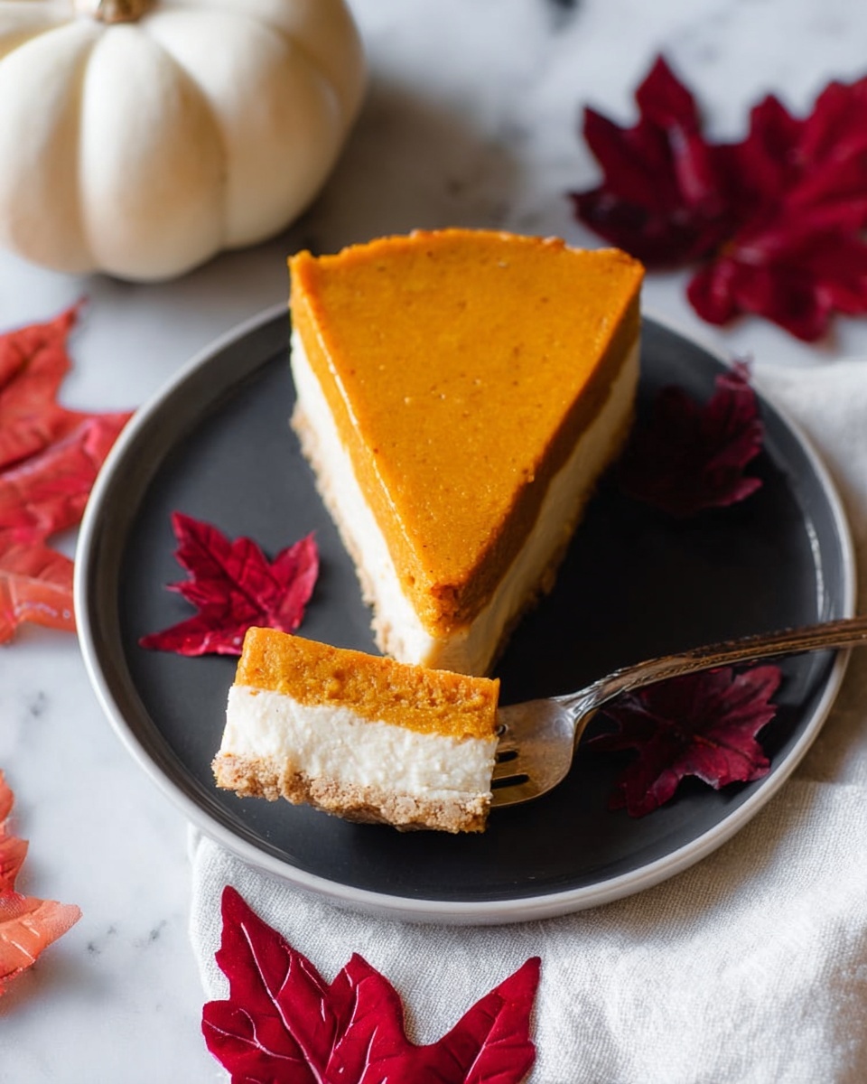 A slice of two-layered pumpkin pie sits on a round white plate with a dark gray inside. The bottom layer is a light cream color, smooth and slightly thick, while the top layer is a deeper orange pumpkin filling with a soft, slightly textured surface. The slice is shaped like a triangle with a pointed tip, and a silver fork is pressing down on the tip, separating a small piece. Around the plate, there are bright red and dark red autumn leaves adding color, and a white pumpkin is partially visible in the top left corner, all placed on a white marbled surface. Photo taken with an iphone --ar 4:5 --v 7