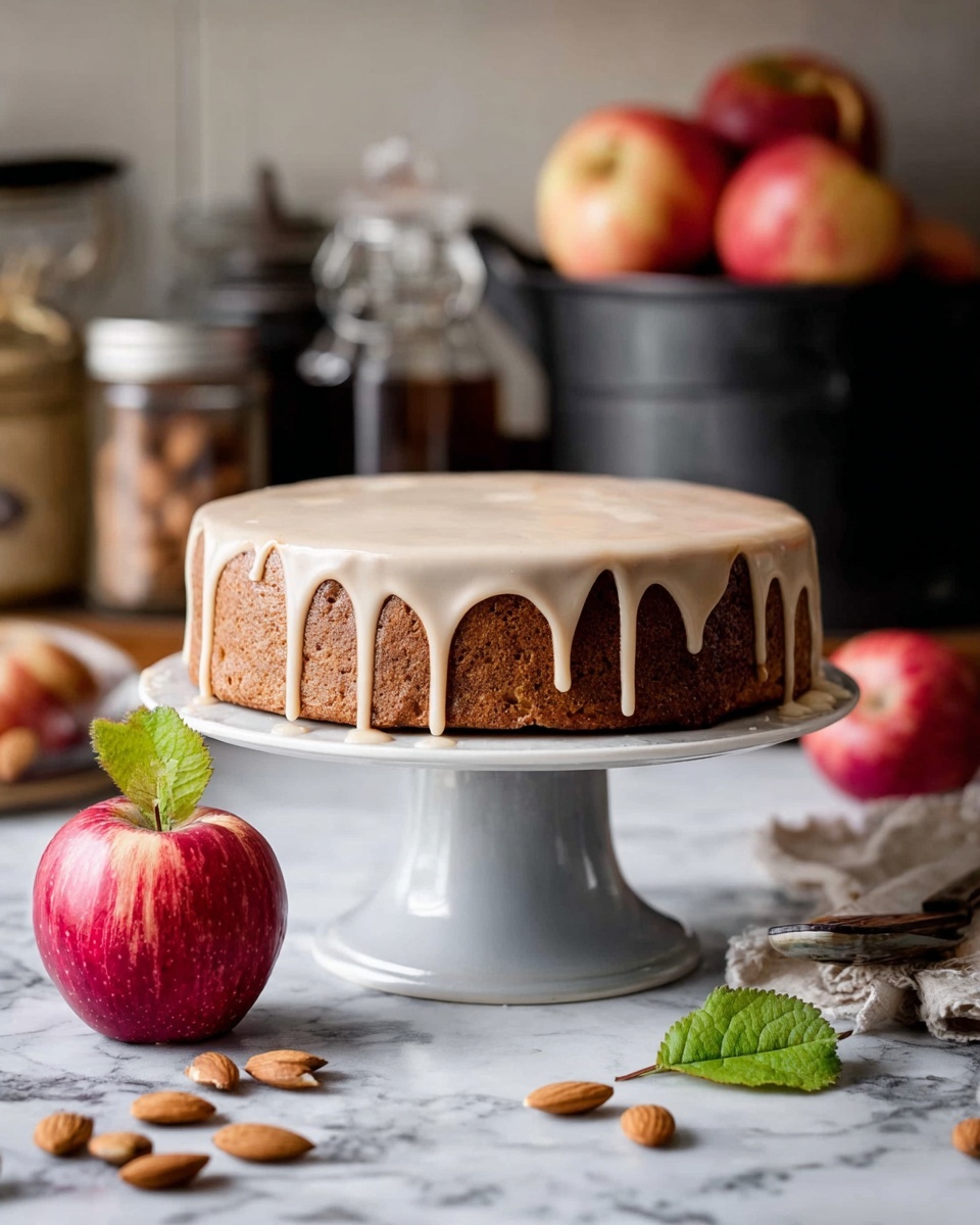 The image shows a single-layer round cake with a light brown color and a smooth, creamy icing that drips gently over the edges. The cake sits on a white cake stand with a simple design. In front of the cake, on a white marbled surface, there are whole almonds scattered and a fresh red apple with a green leaf. Behind the cake, there are more apples and kitchen items like a black metal container and jars blurred out, creating a cozy atmosphere. Photo taken with an iphone --ar 4:5 --v 7