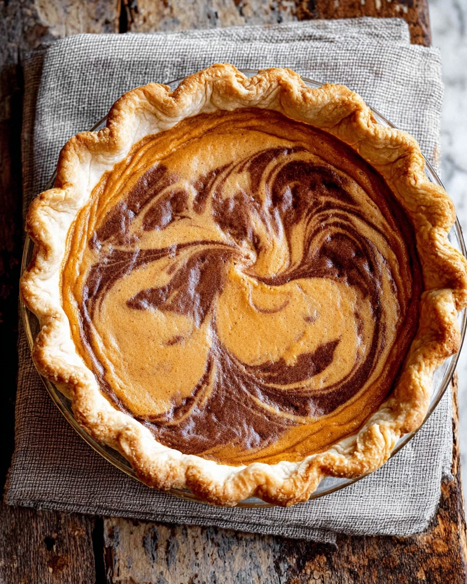 The image shows a round pie placed on a gray cloth, which rests on a rustic brown wooden surface with worn textures. The pie has a crimped edge crust that is light golden brown and slightly flaky. The filling inside has a swirl pattern with two distinct layers: a smooth, burnt orange layer mixed with rich dark brown swirls, creating a marbled effect in the center. The colors blend softly, giving the pie an artistic, textured look. The pie is in a clear glass dish, and the background features a white marbled texture. photo taken with an iphone --ar 4:5 --v 7