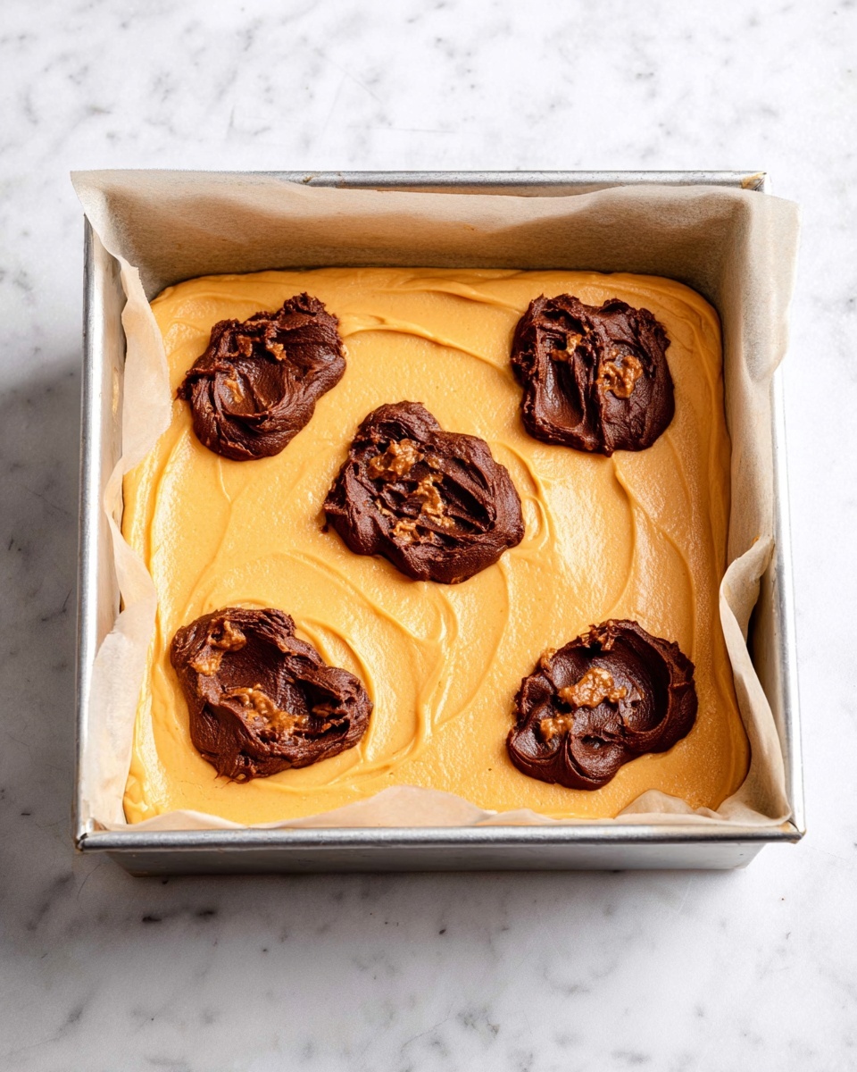 A silver baking pan lined with parchment paper holds an unbaked dessert with a smooth light orange layer spread evenly at the bottom. On top, there are five irregular dollops of dark brown thick batter scattered across the surface, each with a rough texture and slightly swirled appearance. The pan sits on a white marbled surface. photo taken with an iphone --ar 4:5 --v 7
