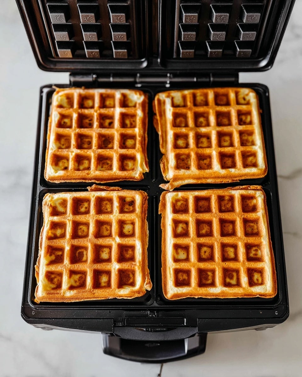 Four golden brown waffles sit inside an open black waffle iron, each waffle filling one of the four square sections with a classic grid pattern on top, showing a slightly crispy texture around the edges. The waffles have a warm light brown color with small darker spots, and the waffle iron rests on a white marbled surface. The waffle iron's lid is open and angled back to reveal the freshly cooked waffles inside. Photo taken with an iphone --ar 4:5 --v 7