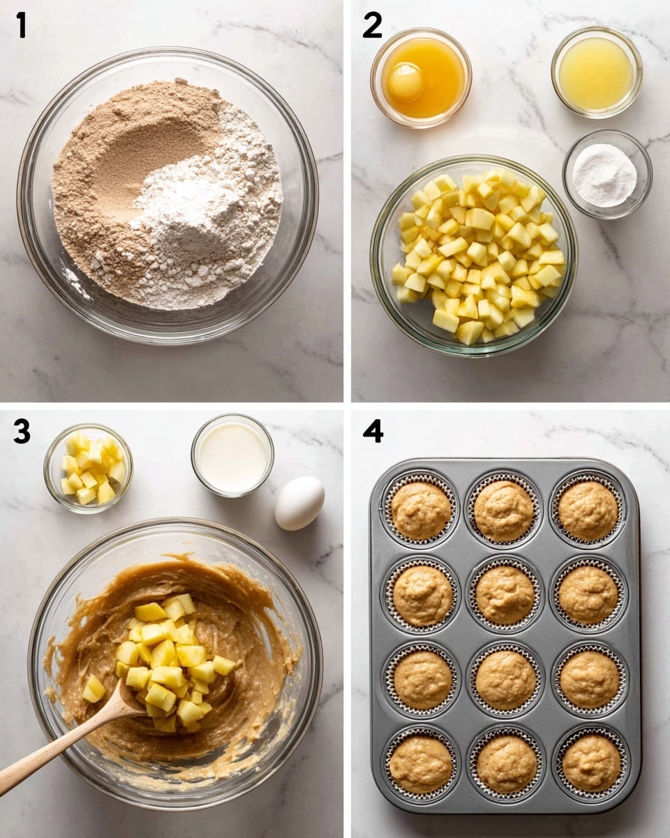 The image shows a four-step baking process on a white marbled surface. Step 1 features a glass bowl filled with a light brown flour mixture surrounded by smaller bowls holding diced yellow apples, sugar, and eggs. Step 2 shows a glass bowl with a creamy mix of butter and sugar, two eggs, and vanilla being mixed with an electric hand mixer; a glass cup of milk is nearby. Step 3 displays a glass bowl of thick light brown batter with diced yellow apples being folded in with a wooden spoon. Step 4 reveals a metal muffin tray filled with paper liners holding light brown muffin batter, ready for baking. Photo taken with an iphone --ar 4:5 --v 7