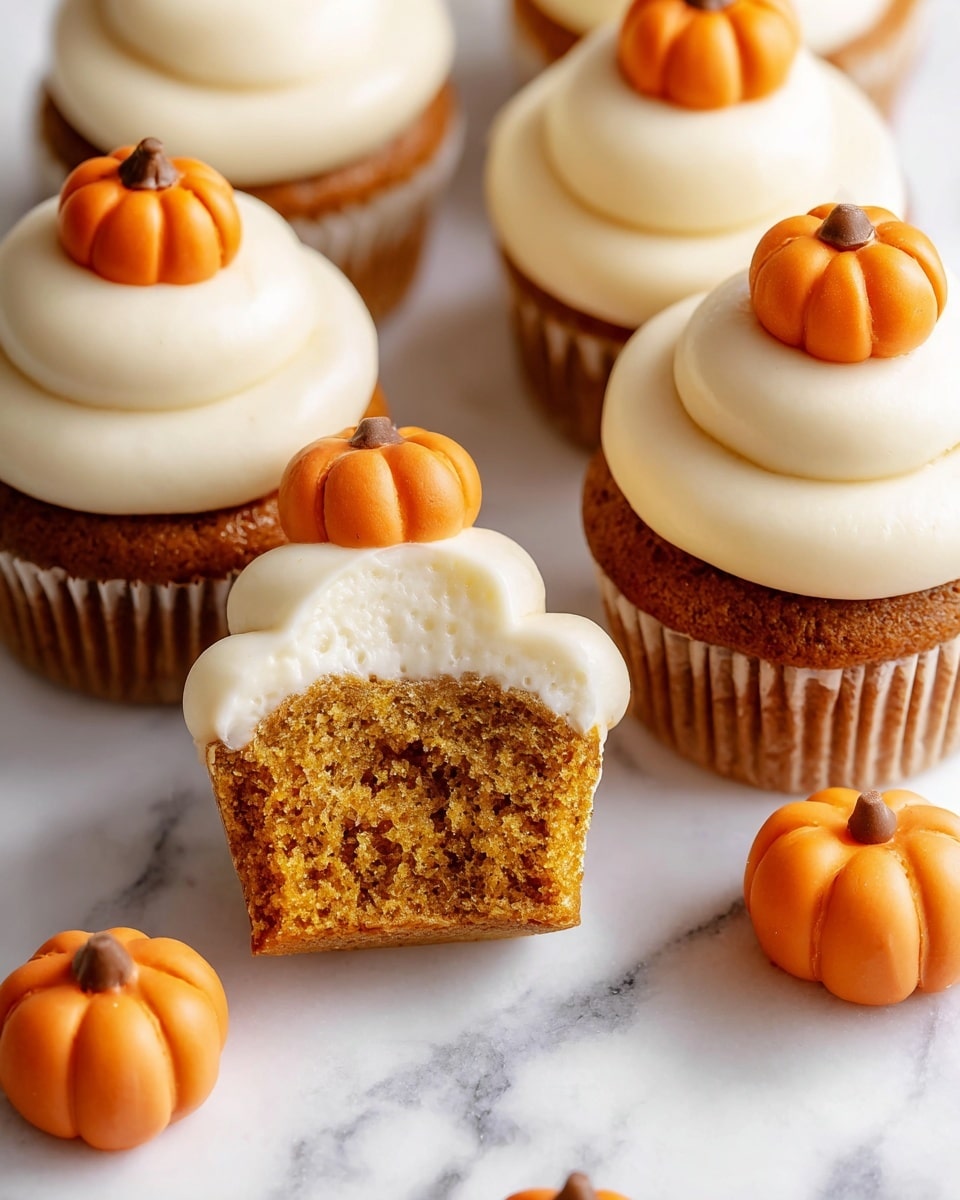 The image shows several pumpkin cupcakes on a white marbled surface. Each cupcake has two layers: a moist orange-brown cake base and a thick swirl of smooth, creamy white frosting on top. Small, bright orange fondant pumpkins with a brown stem are placed on the frosting of some cupcakes. One cupcake is cut in half to show its soft, crumbly texture beneath the thick cream frosting layer. A few extra fondant pumpkins are scattered around the cupcakes on the surface. Photo taken with an iphone --ar 4:5 --v 7