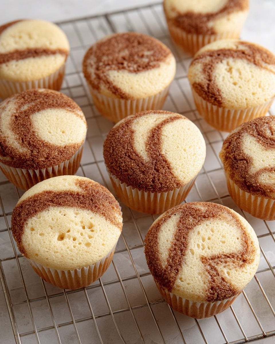 The image shows a dozen marbled cupcakes cooling on a wire rack. Each cupcake has a swirled top with two colors, light creamy beige and medium brown, creating a soft marble pattern. The cupcakes have a fluffy and slightly spongy texture with small air holes visible on the surface. They are in silver liner cups that reflect light softly. The wire rack is placed on a white marbled surface that looks smooth and clean. The cupcakes are arranged evenly, filling the frame mostly from the top view. photo taken with an iphone --ar 4:5 --v 7