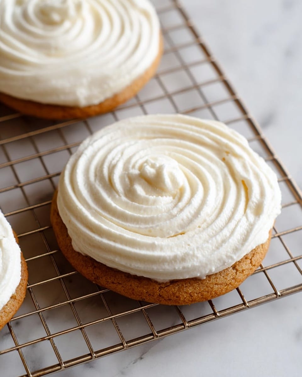 The image shows a single round cookie placed on a metal cooling rack over a white marbled surface. The cookie has one layer of soft, light brown dough topped by one thick layer of white, creamy frosting piped in a smooth spiral pattern. The frosting has a fluffy texture with small air pockets visible, creating a soft look. Photo taken with an iphone --ar 4:5 --v 7