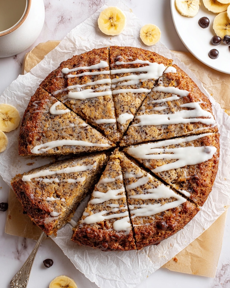 A round banana cake sits on parchment paper over a white marbled surface, sliced into eight pieces with one slice slightly pulled out to show a moist, speckled inside with bits of banana. The cake has a rough, golden-brown crust and is drizzled with white icing in irregular lines across the top. Near the cake, dried banana chips are scattered. A white plate with banana chips and small chocolate drops is partly visible on the top right. Photo taken with an iphone --ar 4:5 --v 7