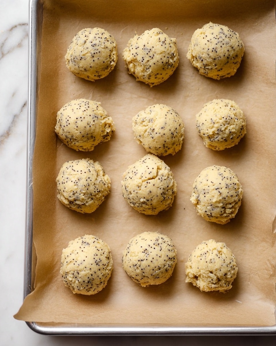 The image shows a metal baking tray lined with light brown parchment paper holding twelve raw cookie dough balls arranged in three rows of four. Each dough ball is roughly round and has a soft, slightly lumpy texture with small black specks scattered throughout, hinting at poppy seeds mixed in. The background is a white marbled surface. photo taken with an iphone --ar 4:5 --v 7