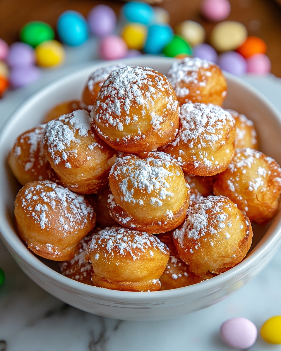 A white bowl filled with about three layers of small, round, golden-brown pastries that have a slightly crispy texture. Each pastry is topped with a light dusting of white powdered sugar, giving them a soft white contrast against the warm golden color. The bowl is centered on a surface with a white marbled texture, and colorful blurred candy pieces are scattered in the background, adding a playful touch. The pastries appear to be arranged loosely but neatly piled up inside the bowl. Photo taken with an iphone --ar 4:5 --v 7