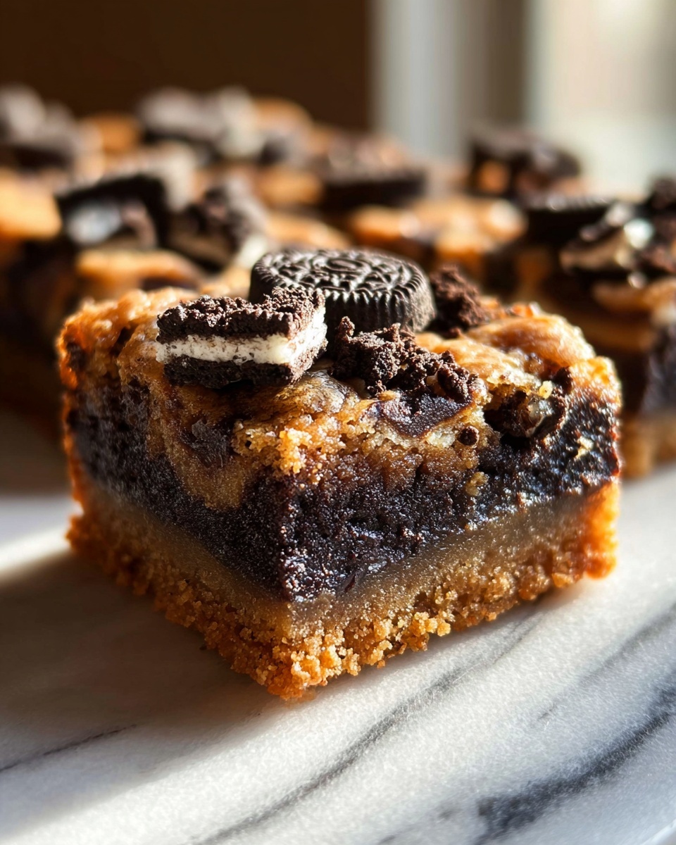 The image shows a close-up of a square dessert bar with three visible layers. The bottom layer is a golden brown crumbly crust. The middle layer is thick and dark, looking like a rich chocolate filling. The top layer is a lighter golden brown baked texture mixed with pieces of black and white cookies and large chocolate chunks placed on the surface. The dessert is placed on a white marbled surface, with the background softly blurred, and warm light shining on the dessert. Photo taken with an iphone --ar 4:5 --v 7