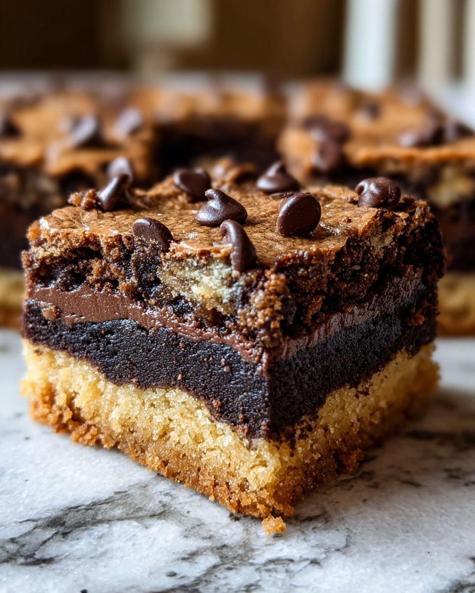 The image shows a close-up of a rich three-layer dessert bar placed on a white marbled surface. The bottom layer is a light golden crumbly base, firm and slightly textured. The middle layer is thick, dark chocolate filling with a smooth, dense look. The top layer is a cracked brownie-like cake with a mix of dark and light brown colors, dotted with glossy chocolate chips that add shine and texture. The layers contrast well, showing clear separation between the crumbly base, smooth filling, and soft cake top. Photo taken with an iphone --ar 4:5 --v 7