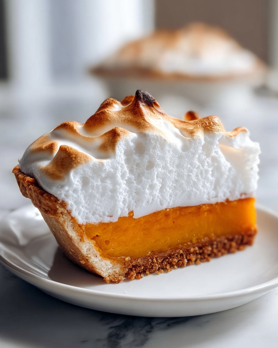 A slice of pie with three visible layers sits on a white plate over a white marbled surface. The bottom layer is a light brown crust that looks crumbly and firm. Above the crust is a thick, smooth orange filling, which stands out brightly. The top layer is a fluffy white meringue with peaks that are toasted to a light golden brown, showing a beautiful texture with soft shadows. The meringue looks soft and airy, with slight steam rising from it, adding a fresh, warm feel. The background is blurred, keeping the focus on the pie slice. Photo taken with an iphone --ar 4:5 --v 7