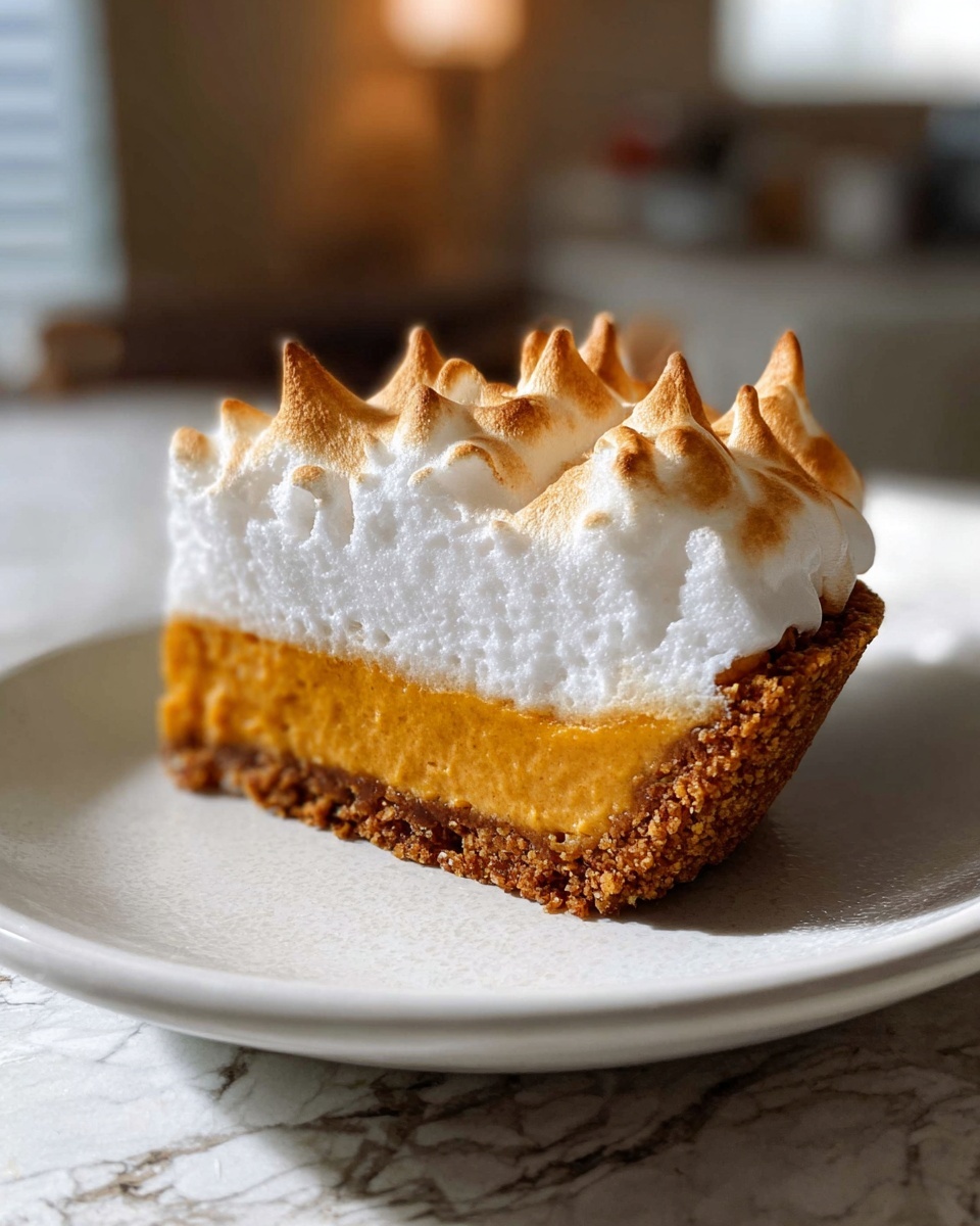 A slice of pie with three visible layers sits on a white plate over a white marbled surface. The bottom layer is a crumbly brown crust that is thick and coarse in texture. Above it, the middle layer is orange with a smooth and dense consistency, resembling a pumpkin filling. The top layer is fluffy white meringue with pointed peaks that are toasted to a golden brown, giving a slightly crisp appearance. The background shows a blurred kitchen setting with soft lighting. Photo taken with an iphone --ar 4:5 --v 7