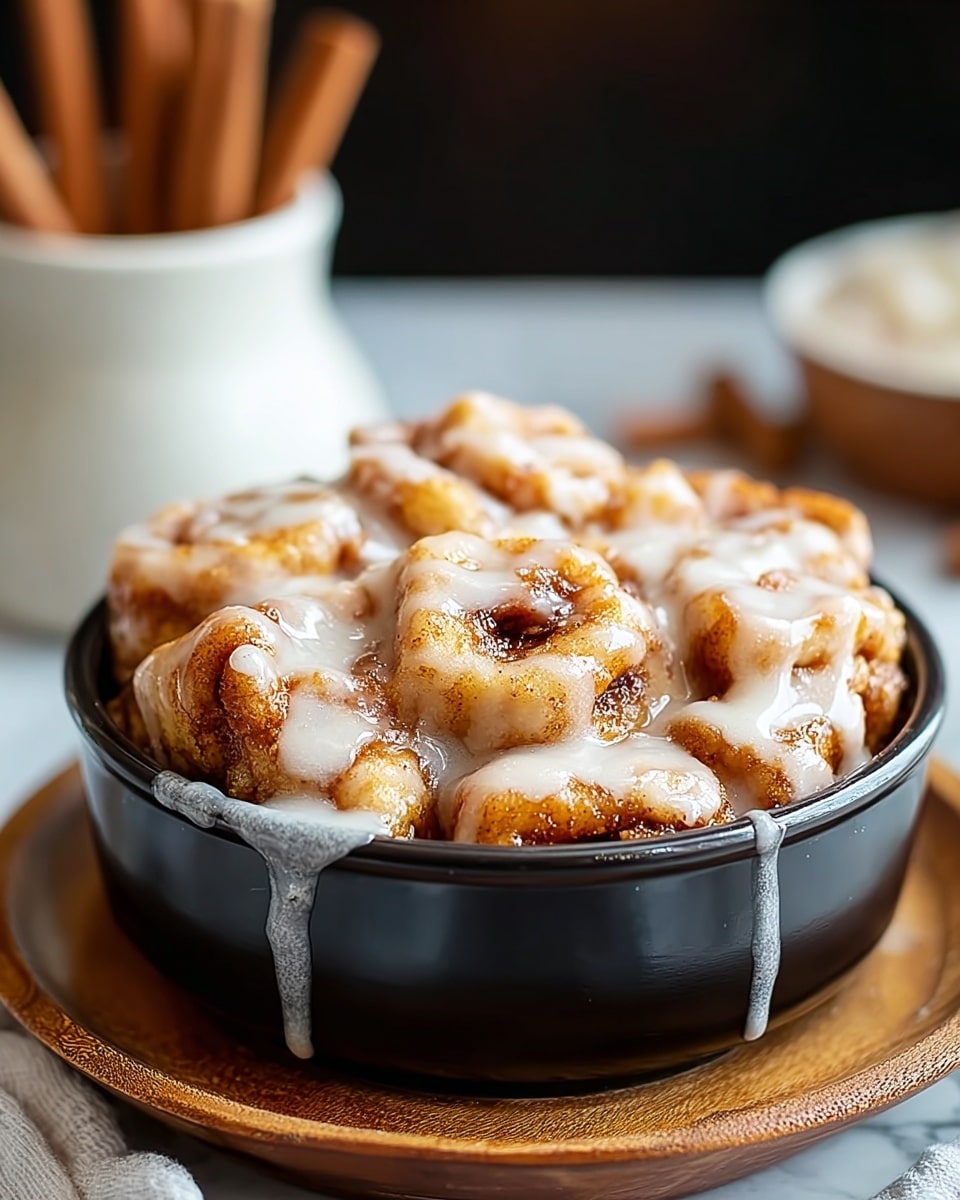 The image shows a close-up of a dark bowl filled with golden-brown cinnamon roll pieces covered with white icing dripping over them. The bowl rests on a round wooden board, and the background has a soft-focused white marbled texture. In the background, there is a white dish holding brown sticks. The cinnamon roll pieces have a textured, soft, and sticky appearance, with the icing applied unevenly, creating a homely and fresh feel. photo taken with an iphone --ar 4:5 --v 7