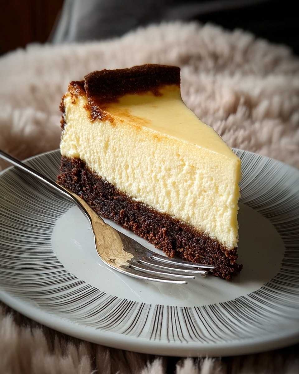 A slice of cheesecake with two layers is shown on a white plate with a dark line pattern. The bottom layer is dark brown and looks crunchy like a crust, while the top thick layer is creamy yellow and smooth with a slightly browned top surface. The plate is placed on a soft, fluffy beige surface, and a silver dessert fork lies next to the cheesecake slice. The photo taken with an iphone --ar 4:5 --v 7