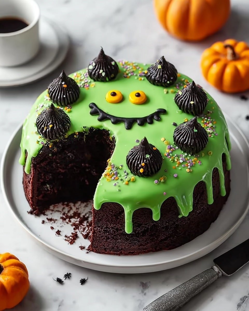A round chocolate cake with one slice missing, revealing its dark, moist inside. The top is covered with bright green icing that drips down the sides, creating a shiny and smooth texture. On top of the green layer, there are small dollops of black icing shaped into little peaks and round eyes, decorated with tiny colorful sprinkles. A big smile made from black and yellow icing creates a friendly face on the cake. The cake sits on a white plate, placed on a white marbled surface with a knife and small pumpkin decorations around. Photo taken with an iphone --ar 4:5 --v 7