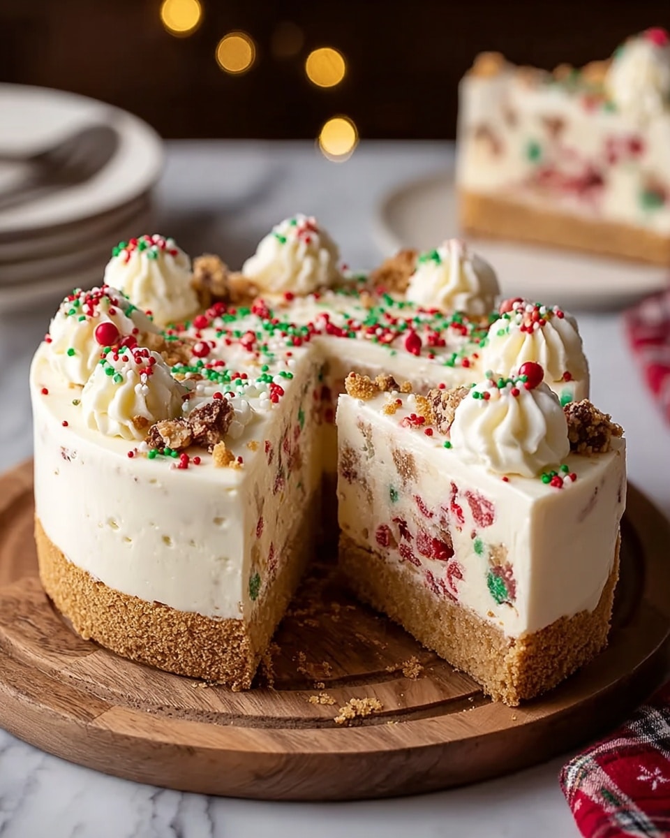 A slice of cake on a white plate with a light crumb crust base, topped by a thick creamy white layer mixed with red and green specks, and a fluffy pale yellow cake layer on top. The cake is covered with a smooth white frosting and decorated with two swirls of white cream, each sprinkled with small red, green, and yellow round sprinkles. A silver fork with a gold handle rests beside the cake on the plate. The background features a white marbled texture with soft, warm lighting. Photo taken with an iphone --ar 4:5 --v 7