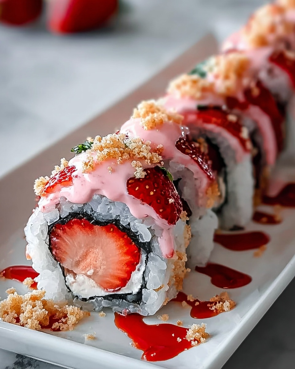 A row of sushi rolls is shown on a long white plate placed on a white marbled surface. Each roll has an inner layer of a red strawberry piece surrounded by black seaweed, then a layer of white rice tightly wrapped around it. The sushi is topped with a smooth pink sauce, dripping with bright red strawberry sauce. Crushed crumbs are sprinkled on top and around the plate. The focus is on the closest sushi piece with the rest fading into the background. Photo taken with an iphone --ar 4:5 --v 7