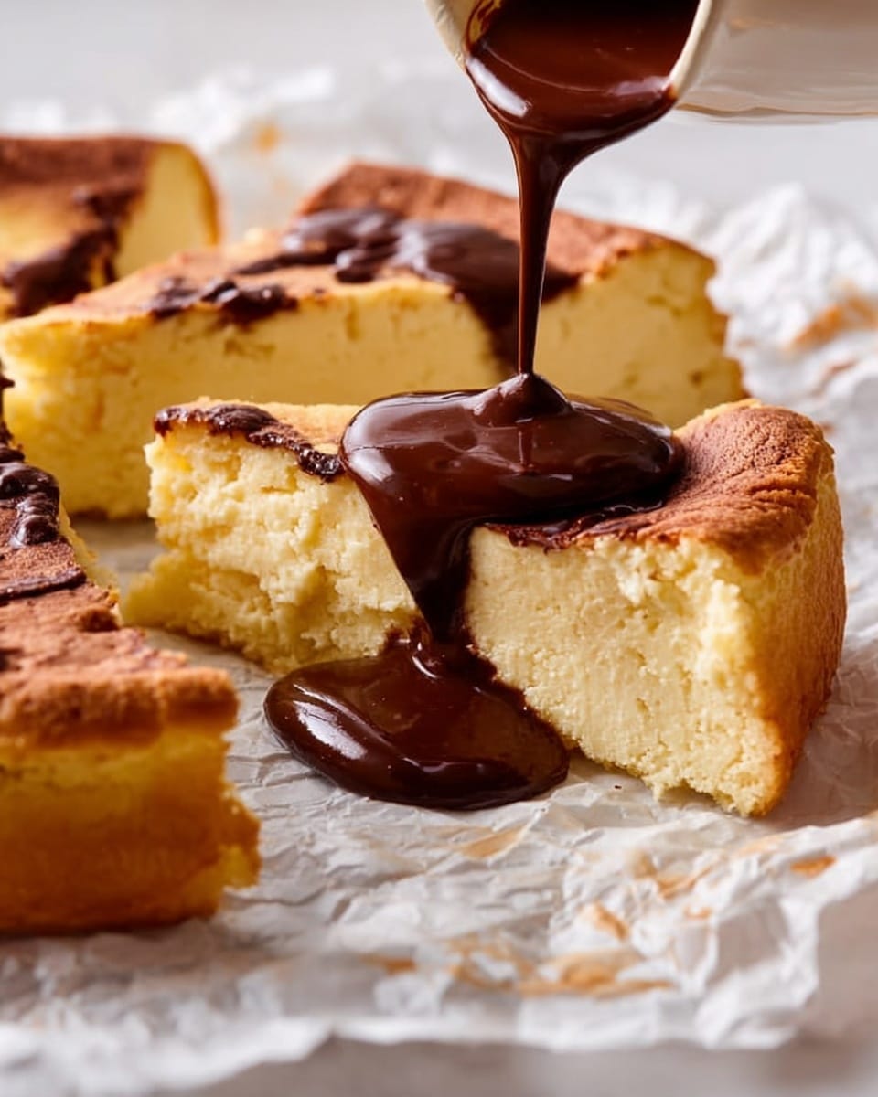 A round baked custard tart sits on crinkled parchment paper over a white marbled surface. The tart has a rich, golden brown top with a slightly cracked texture and a soft yellow custard layer underneath. It is sliced into six triangular pieces, with two slices slightly pulled out from the main tart, revealing the smooth creamy inside and the light brown edge crust. To the side, there is a white plate with a decorative spoon and fork resting on it, and a beige cloth napkin partially visible nearby. The scene is bright and clean, highlighting the tart’s warm tones against the white marbled background photo taken with an iphone --ar 4:5 --v 7