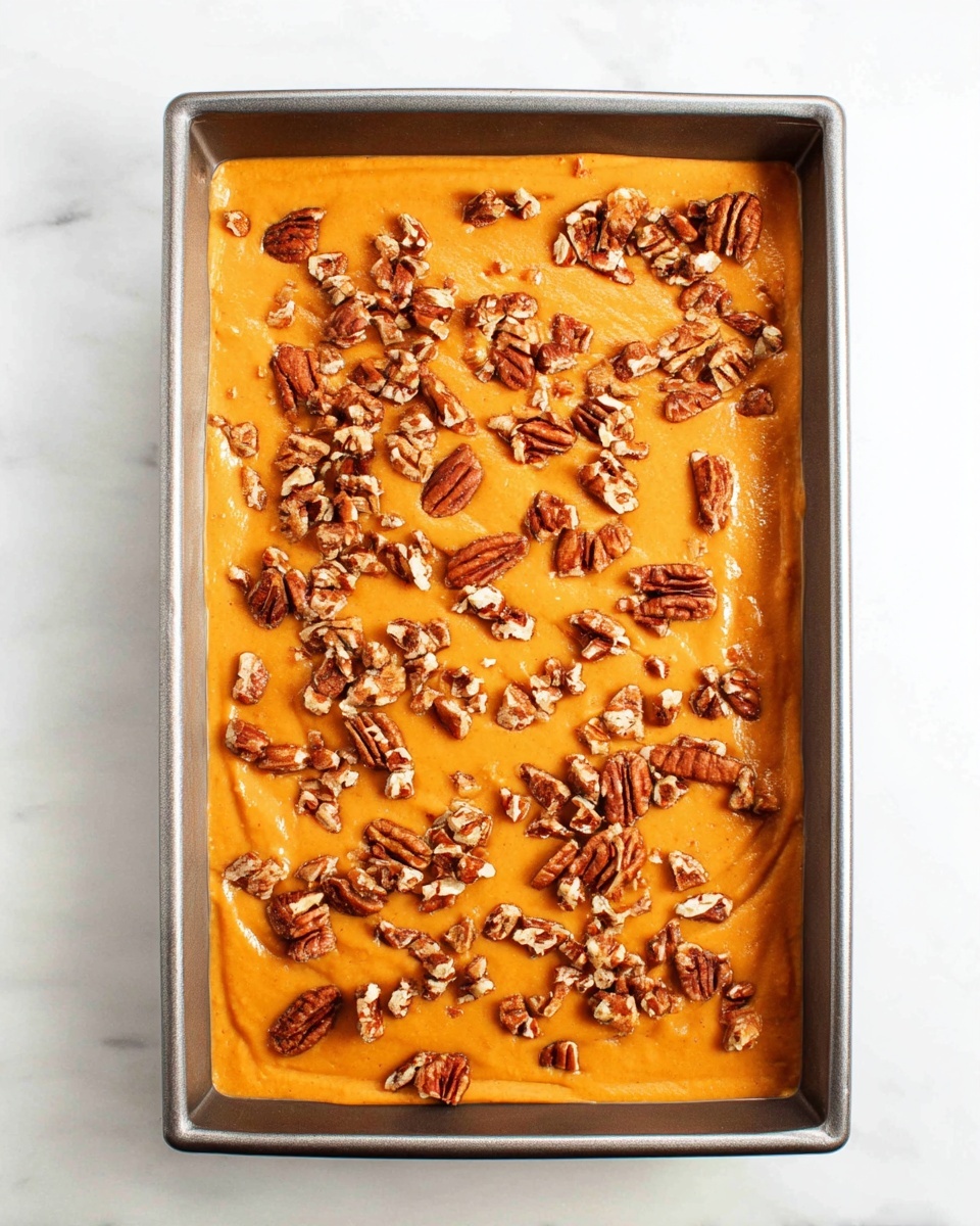 The image shows a rectangular metal baking pan filled with a single smooth layer of bright orange pumpkin dessert topped evenly with scattered chunks of brown candied pecans. The dessert layer has a creamy texture with a slightly shiny surface, and the pecans add a rough, crunchy texture on top. The pan is placed on a white marbled surface, and the overall look is neat and inviting. photo taken with an iphone --ar 4:5 --v 7
