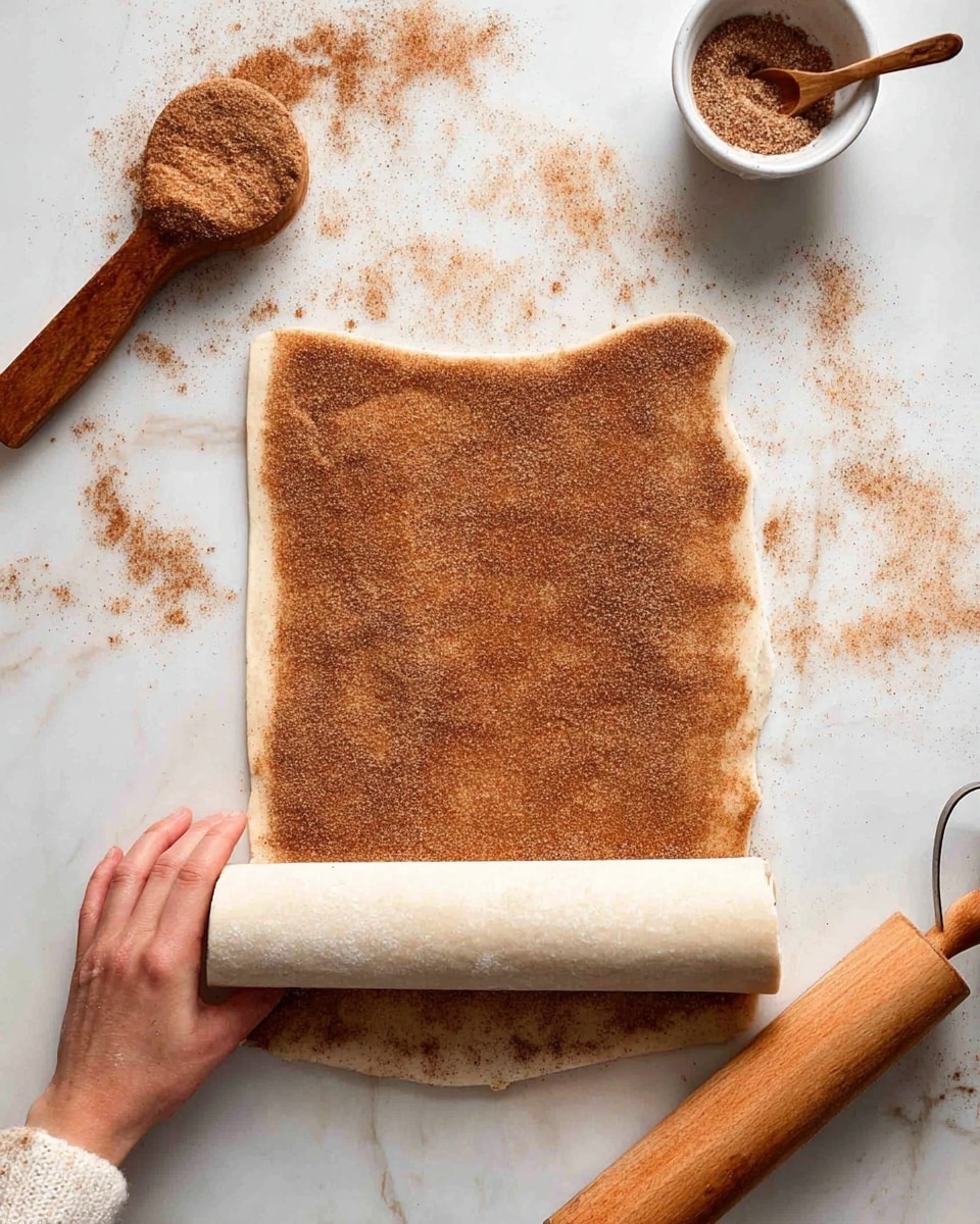 A rectangular sheet of rolled dough lies flat on a white marbled surface, covered evenly with a brown cinnamon and sugar mixture creating a textured, grainy layer. At the bottom edge, a woman’s hand is gently rolling the dough inward, making a smooth, tight cylinder starting to form. Around the dough, there are loose patches of cinnamon sugar sprinkled on the white marbled surface. To the upper right, there is a small white bowl filled with more cinnamon powder and a wooden spoon resting inside it. To the right of the dough roll, a wooden rolling pin with a light handle rests on the surface, and below it lies a round pizza cutter with a wooden handle. The scene captures the preparation stage of a cinnamon roll pastry. Photo taken with an iphone --ar 4:5 --v 7