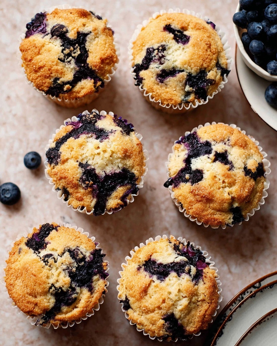Six golden brown blueberry muffins with dark purple patches of blueberry filling on top, each in white paper liners. The muffins are arranged closely on a white marbled surface with a few loose blueberries scattered nearby. In the upper right corner, a white bowl filled with blueberries is partially visible, and a white plate with a dark rim is also partially seen on the right edge. The texture of the muffins looks soft and slightly crumbly with an inviting warm color. Photo taken with an iphone --ar 4:5 --v 7