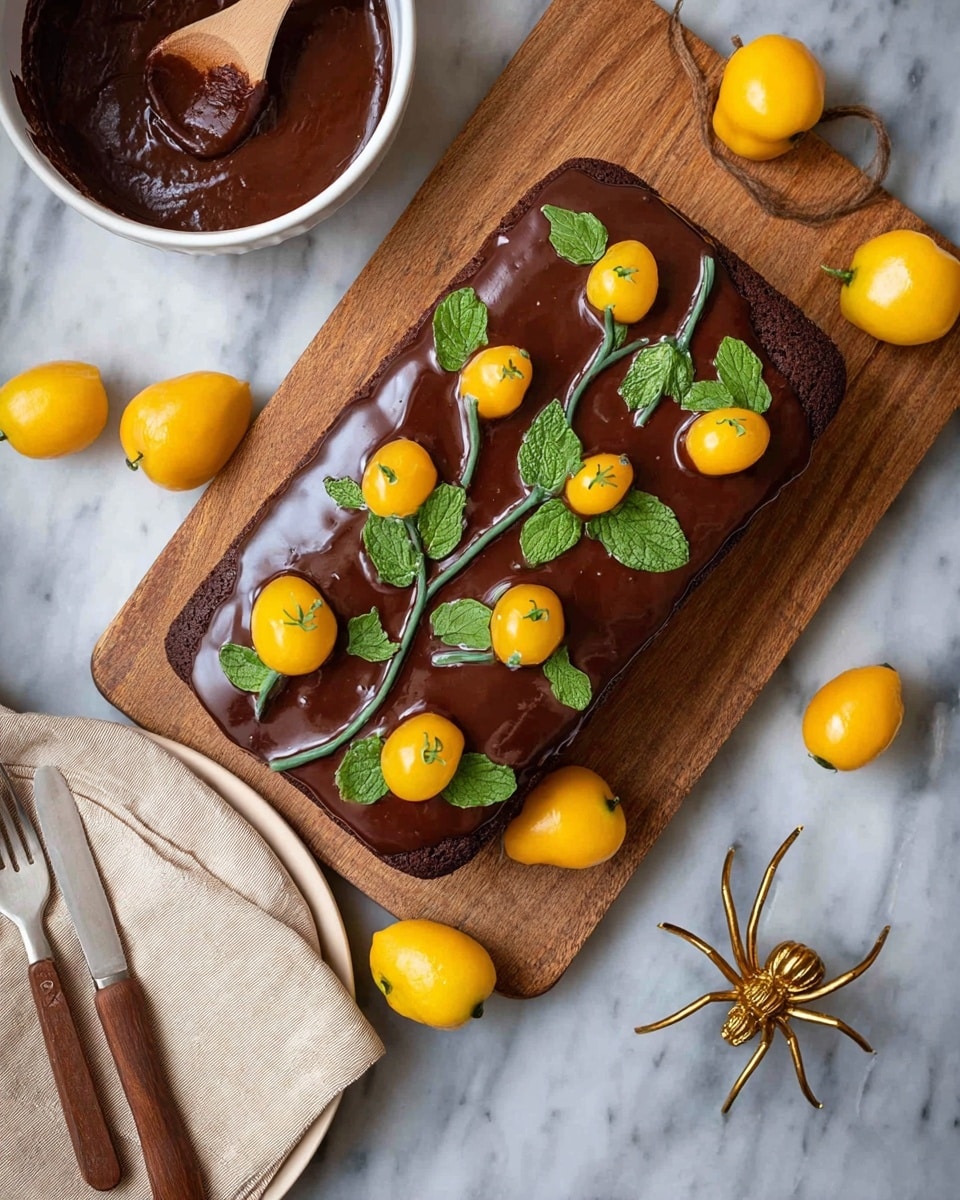 A rectangular dark brown chocolate cake sits on a wooden cutting board, covered with a thick layer of shiny chocolate glaze. On top of the glaze, there are several small yellow fruit pieces spaced out evenly, each attached to green leafy stems that stretch across the cake. Around the cutting board, there are additional yellow fruits resting on the white marbled surface. A white bowl with a wooden spoon holds more chocolate glaze in the top left corner, and a beige plate with a beige cloth napkin is in the bottom left corner. Two forks with wooden handles are placed near the top center. A shiny golden spider decoration lies on the white marbled surface near the bottom right corner. photo taken with an iphone --ar 4:5 --v 7