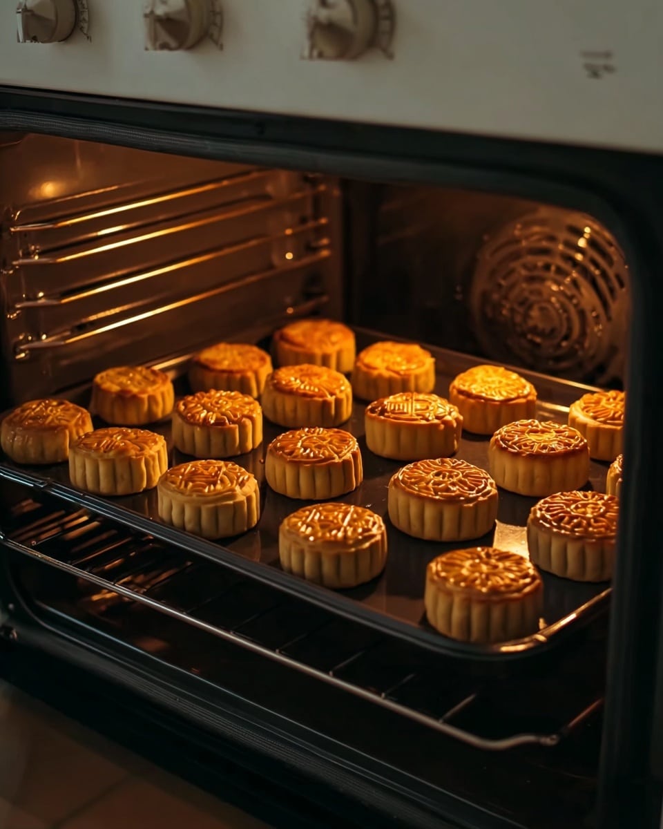 A black metal tray inside an oven holds fifteen golden brown mooncakes, arranged in three rows. Each mooncake is round with detailed, different patterned tops, showing floral and geometric shapes, and the edges have a ridged texture. The mooncakes are evenly spaced, and the warm orange light from the oven highlights their baked surface and smooth sides. The oven door is open, revealing a white kitchen cooker next to it. The scene shows a cozy baking moment. photo taken with an iphone --ar 4:5 --v 7