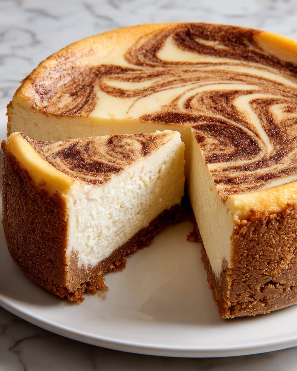 A smooth cheesecake with three layers: a thick, crumbly golden brown crust base; a thick, creamy off-white middle layer; and a swirled brown and light cream pattern on the top. One large slice is removed, showing the clean edges between the layers. The cheesecake sits on a white plate with a white marbled surface in the background. The photo taken with an iphone --ar 4:5 --v 7