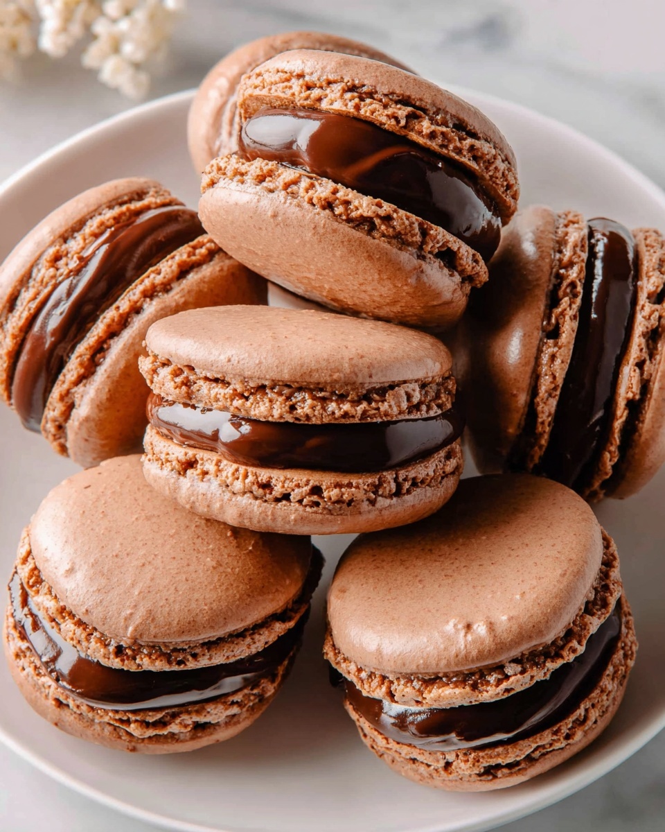 A group of seven chocolate macarons sits close together in a white plate, each macaron showing two smooth, slightly shiny light brown shells with a delicate texture and a crinkled edge. Between the shells is a thick layer of glossy dark chocolate filling, which is slightly filled over the edge on some macarons. The plate rests on a white marbled surface. The image is clear and bright, showing the rich color contrast between the shells and the chocolate filling. photo taken with an iphone --ar 4:5 --v 7
