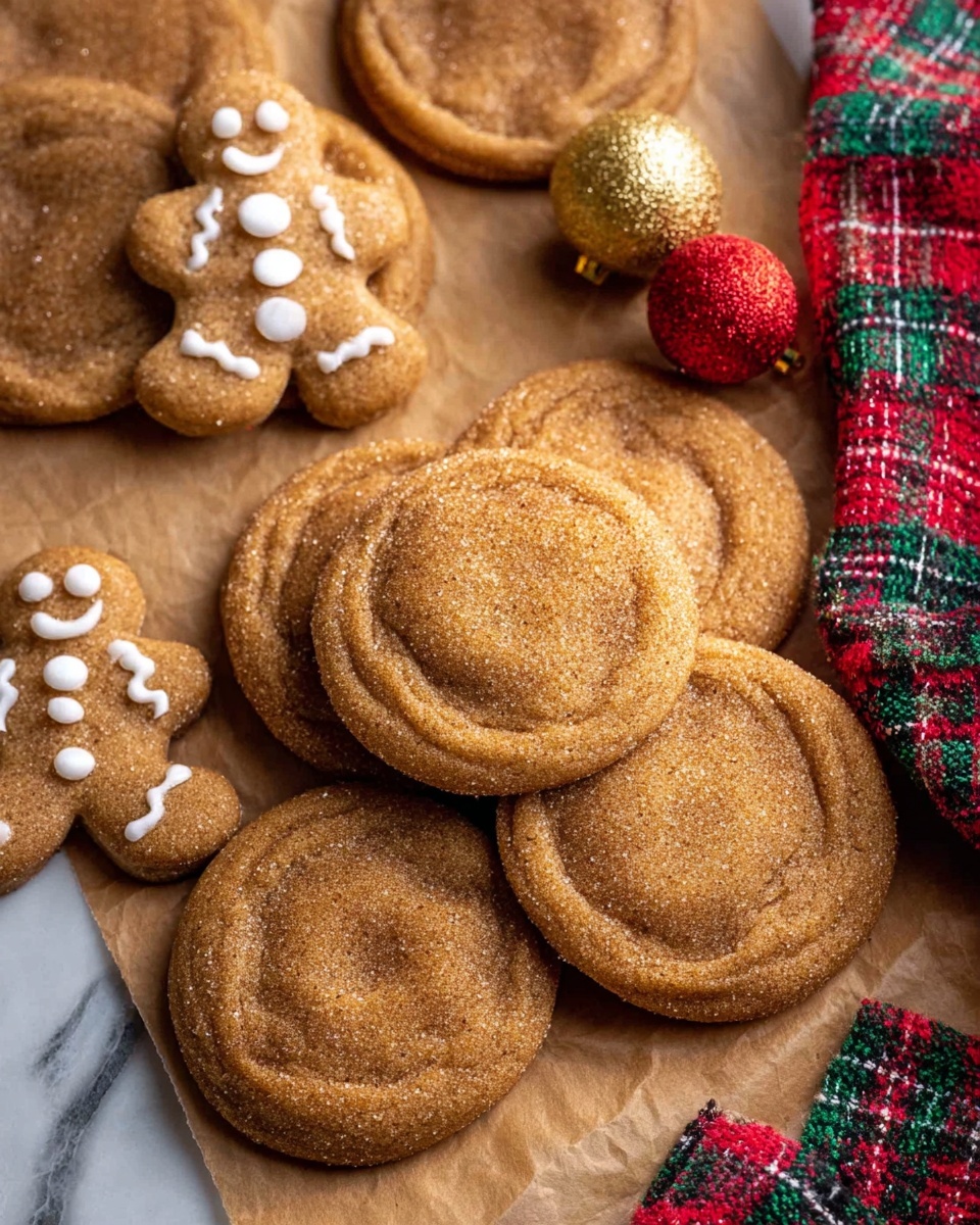 The image shows a group of soft, round ginger cookies with a light brown color and a sugar coating that gives a slight sparkle. There are three small gingerbread men cookies decorated with simple white icing for eyes, mouth, buttons, and wrist and ankle details, placed among the round cookies. The cookies rest on a piece of parchment paper on a wooden surface. A red and green plaid ribbon and two small shiny Christmas ornaments, one gold and one red, are placed around the cookies, adding a festive touch. The background is a white marbled texture. Photo taken with an iphone --ar 4:5 --v 7