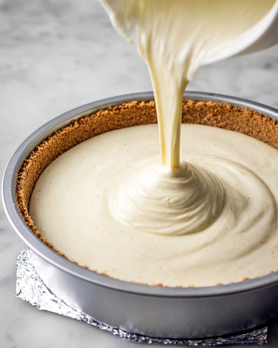 A white metal pan with a medium brown crumb crust forming the bottom and sides, filled with thick, creamy pale yellow batter being poured from a white container above. The batter has a smooth, slightly swirled texture with tiny dark specks inside. The pan is set on a white marbled surface, with some foil wrapped around its lower edge. photo taken with an iphone --ar 4:5 --v 7