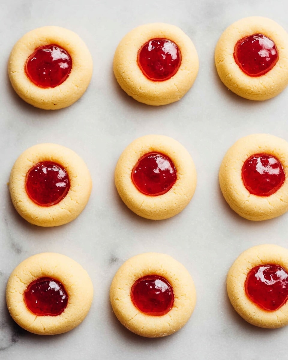 The image shows nine small, round cookies arranged in a grid on a white marbled surface. Each cookie has two layers: a pale yellow, smooth dough base that forms a ring shape, with a small well in the center filled with glossy red jam. The jam is shiny and slightly domed, contrasting with the matte texture of the dough. The cookies are evenly spaced and have a soft, slightly thick appearance. photo taken with an iphone --ar 4:5 --v 7