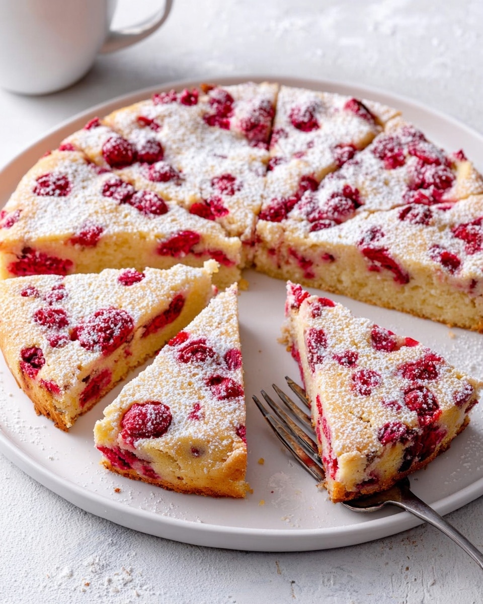 The image shows a round cake on a white plate, sliced into six pieces. The cake has a pale yellow base with many bright red berries spread evenly throughout. The top of the cake is dusted with a light layer of white powdered sugar, giving it a soft, slightly textured look. One slice is partially lifted by a metal fork resting on the plate. The whole scene is set on a white marbled surface with a clean and bright background. photo taken with an iphone --ar 4:5 --v 7