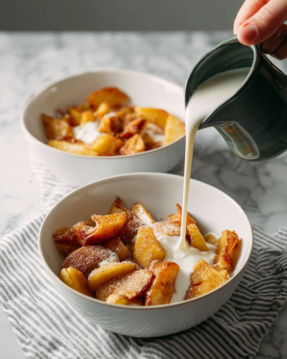 The image shows two white bowls with a dessert of baked apple pieces covered in cinnamon and sugar. The apple pieces are golden with some crispy brown edges, layered slightly unevenly in each bowl. A woman’s hand is pouring a smooth white cream over the fruit from a small dark green pitcher. Both bowls rest on a white and gray striped cloth on a white marbled surface. The lighting highlights the warm tones of the apples and the creamy texture of the sauce being poured. photo taken with an iphone --ar 4:5 --v 7