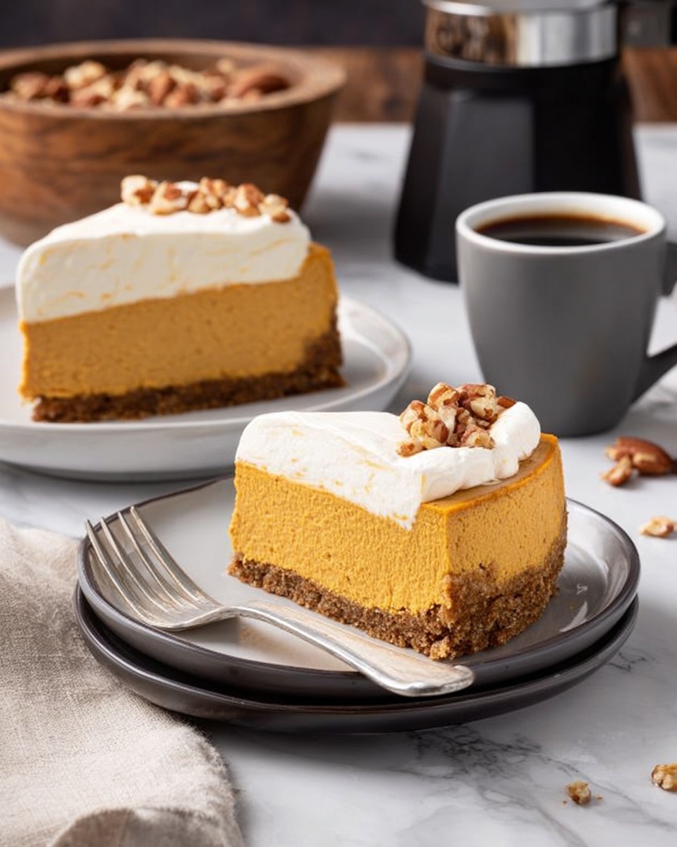 The image shows a slice of pumpkin cheesecake on a white plate with a crumbly brown crust at the bottom, a thick orange creamy middle layer, and a smooth white whipped cream layer on top. Small pieces of nuts are scattered on the whipped cream. A silver fork is placed next to the cheesecake slice on the plate. In the background, there is another slice of the same cheesecake on a white plate, a gray cup filled with a dark brown liquid, a small wooden bowl with mixed nuts, and a coffee press on a white marbled surface. Photo taken with an iphone --ar 4:5 --v 7