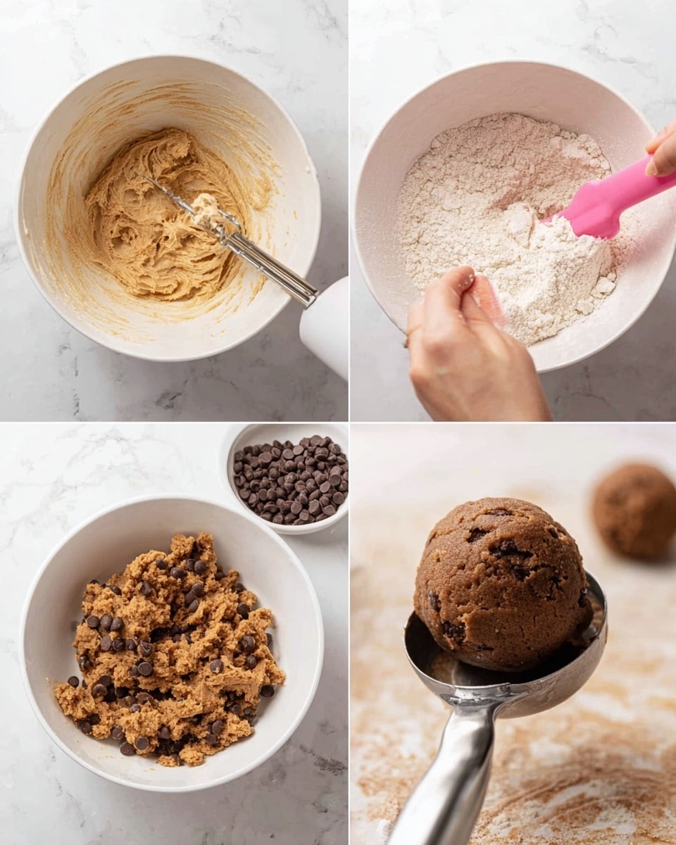 The image shows four steps of making cookie dough, each in a white bowl on a white marbled surface. The first step in the top left shows a white bowl with light brown creamy dough being mixed with an electric hand mixer. The second step in the top right shows a woman's hand holding a pink spatula stirring flour into the dough, creating a mix of dry white flour and sticky light brown dough. The third step in the bottom left shows the dough now thicker and crumbly with dark brown chocolate chips on top and some in a white small bowl nearby. The fourth step in the bottom right shows a metal cookie scoop holding a round, dark brown, sticky dough ball above the white marbled surface with another dough ball slightly out of focus below. Photo taken with an iphone --ar 4:5 --v 7