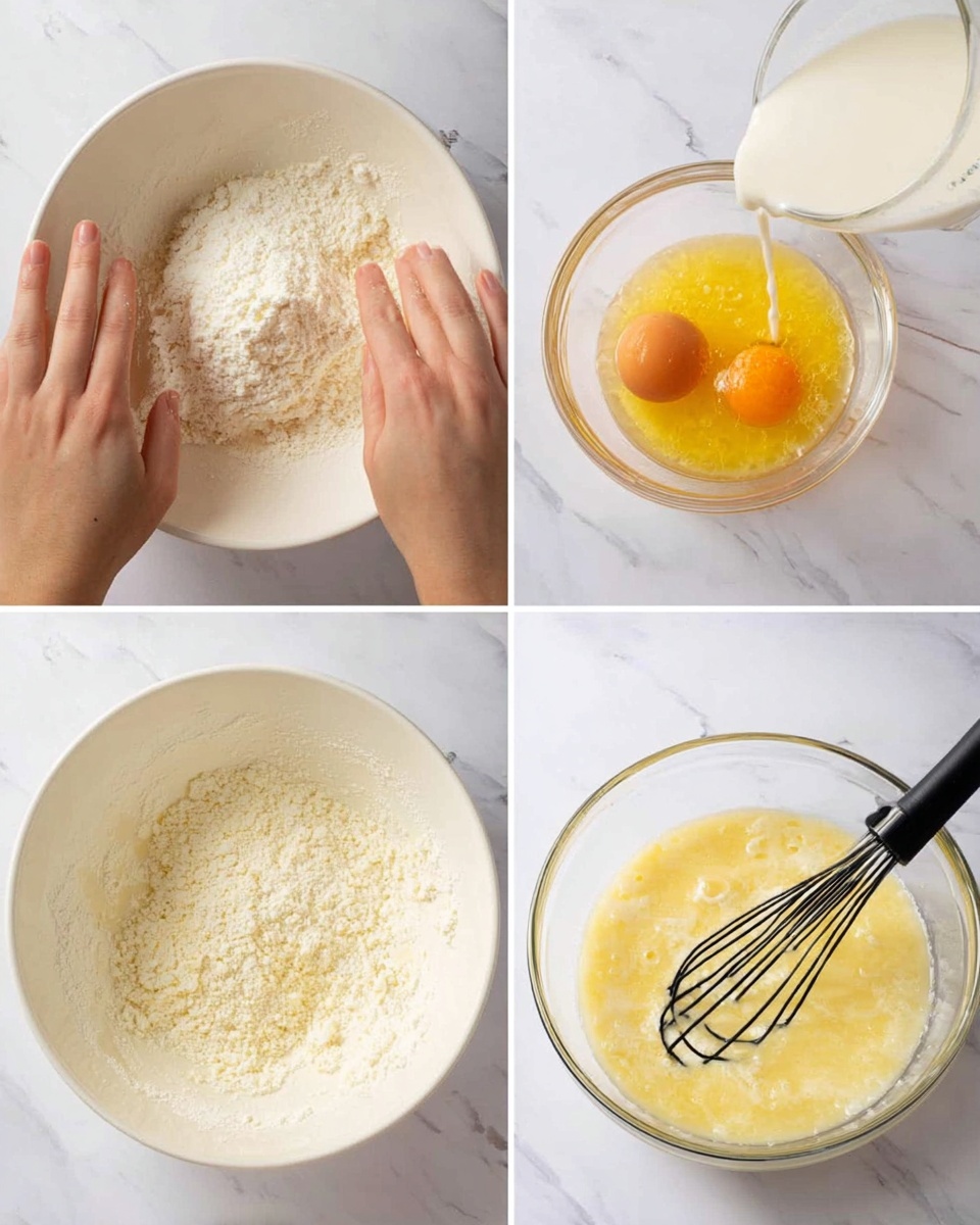 A collage of four images showing a mixing process in a white bowl on a white marbled surface. The first image shows two woman's hands rubbing a white powdery mixture that looks soft and crumbly. The second image shows two raw eggs being poured from a glass bowl into the white bowl, which already has the same white powdery mixture. The third image shows the mixture whisked into a smooth, pale yellow liquid with some bubbles while a black whisk is inside the bowl. The fourth image shows milk being poured from a small glass bowl into the pale yellow mixture while the whisk rests in the bowl. Photo taken with an iphone --ar 4:5 --v 7