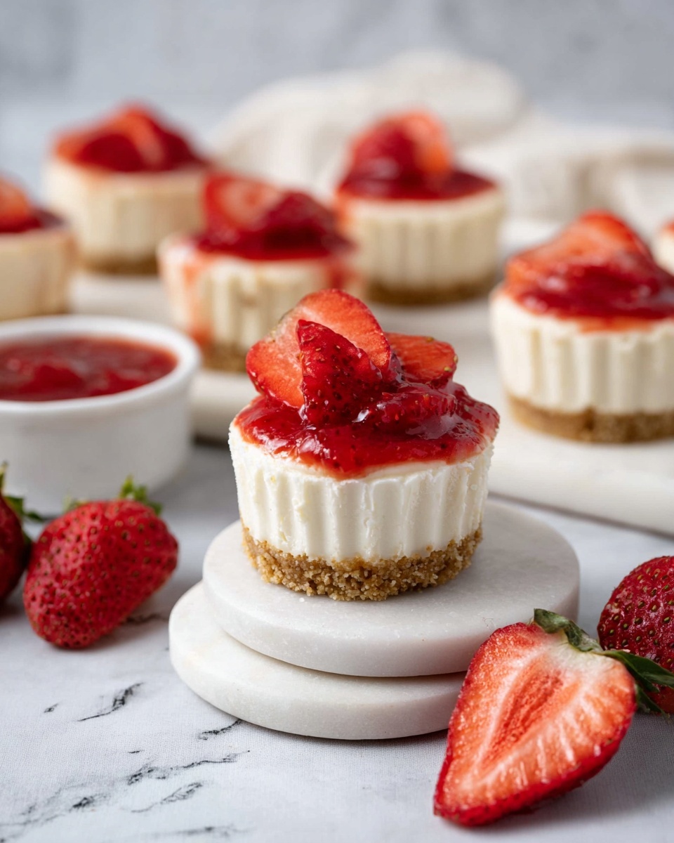 The image shows several mini cheesecakes with three layers each. The bottom layer is a golden-brown crumbly crust. The middle layer is a thick, creamy white cheesecake filling with a smooth texture. The top layer is a bright red strawberry sauce with whole strawberries on top, adding a glossy shine. The cheesecakes are placed on a white marbled surface, with fresh whole and sliced strawberries scattered around. One cheesecake is centered, standing on two stacked white marble round slabs, creating height contrast. In the background, more cheesecakes and a small white bowl with extra strawberry sauce are slightly out of focus, enhancing depth. The atmosphere is clean, fresh, and inviting. photo taken with an iphone --ar 4:5 --v 7