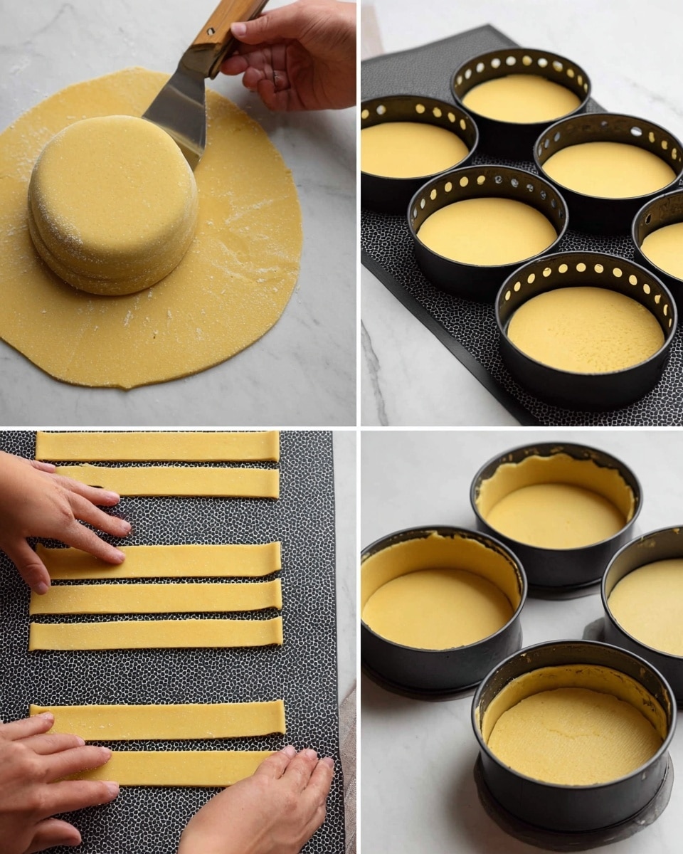 The image shows four views of the pastry preparation process on a white marbled surface. In the top left, a woman's hand holds a spatula lifting a smooth, even, golden round dough disc from a sheet of rolled dough, around five discs visible. The top right shows five golden round dough discs placed inside black baking molds with small holes, arranged on a dark textured mat. The bottom left depicts six strips of golden dough cut in different widths, being held by two woman's hands at both ends, lying flat on the white marbled surface. The bottom right shows six smooth, golden dough discs pressed inside black perforated baking molds, placed on the same dark textured mat. photo taken with an iphone --ar 4:5 --v 7